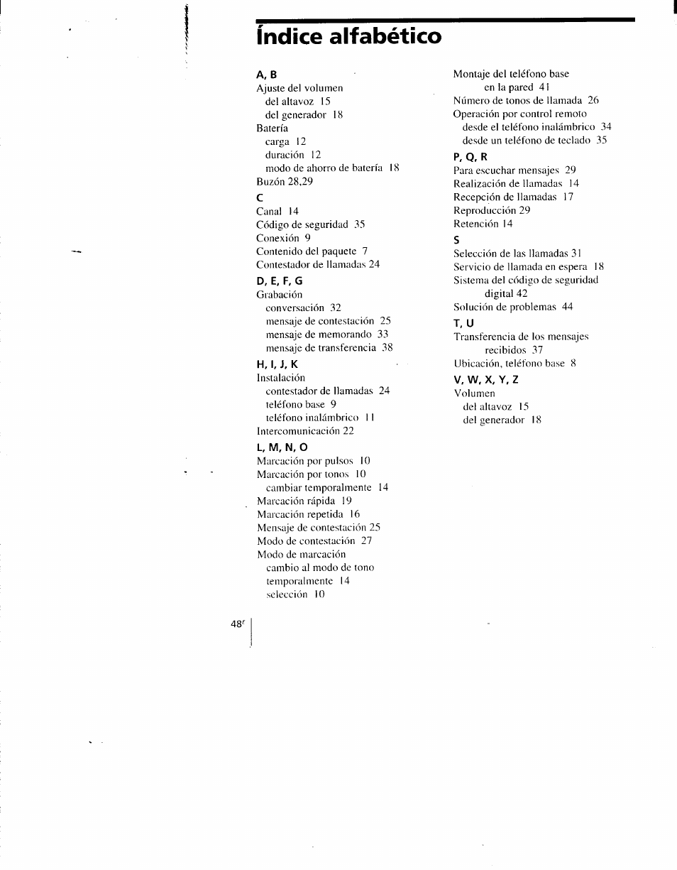 Índice alfabético, A. b, D, e, f, g | H, u, k, P. q, r, T, u, V, w, x, y, z | Sony SPP-AQ600 User Manual | Page 96 / 98