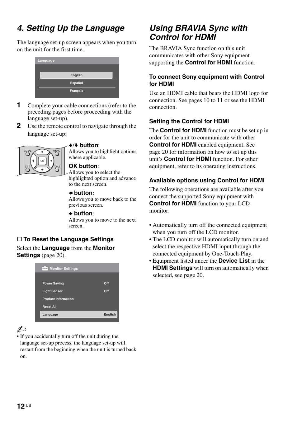 Setting up the language, Using bravia sync with control for hdmi | Sony KLV-40ZX1M User Manual | Page 12 / 87