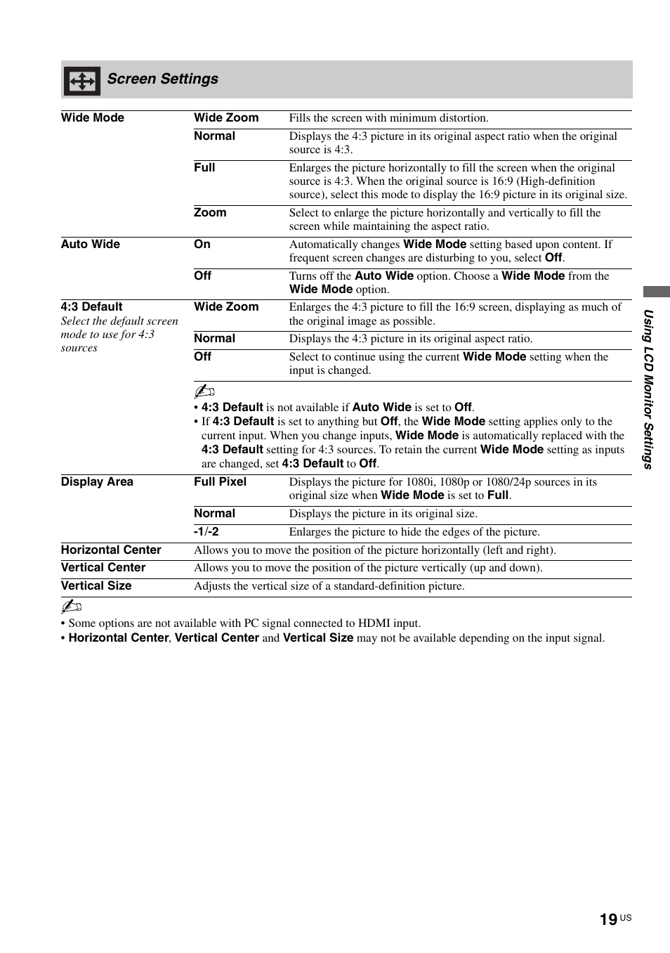 Screen settings | Sony KLV-40ZX1M User Manual | Page 19 / 87