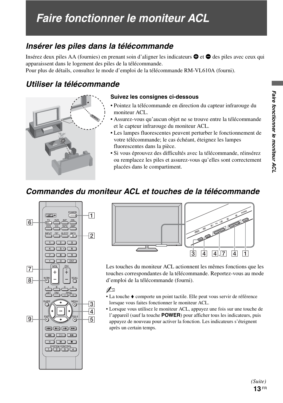 Faire fonctionner le moniteur acl, Insérer les piles dans la télécommande, Utiliser la télécommande | Sony KLV-40ZX1M User Manual | Page 41 / 87