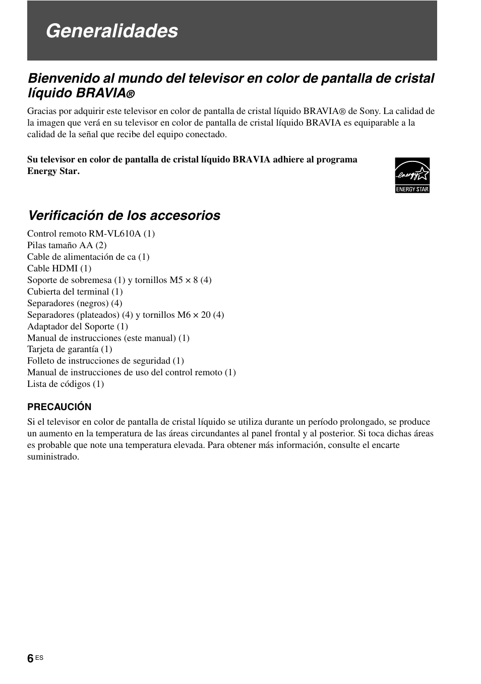 Generalidades, Verificación de los accesorios | Sony KLV-40ZX1M User Manual | Page 62 / 87