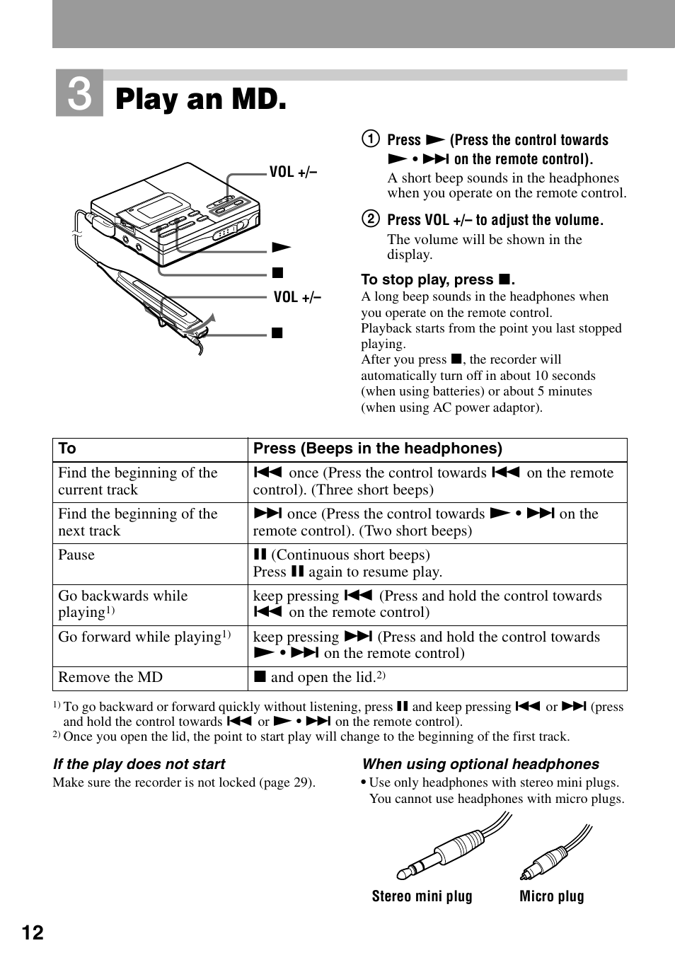Play an md | Sony MZ-R90 User Manual | Page 12 / 56
