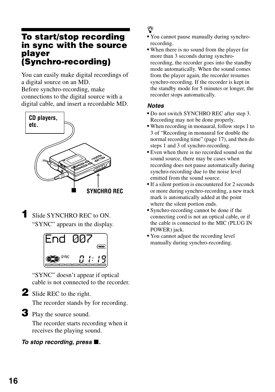 Synchro-recording), End ¢¢7 | Sony MZ-R90 User Manual | Page 16 / 56