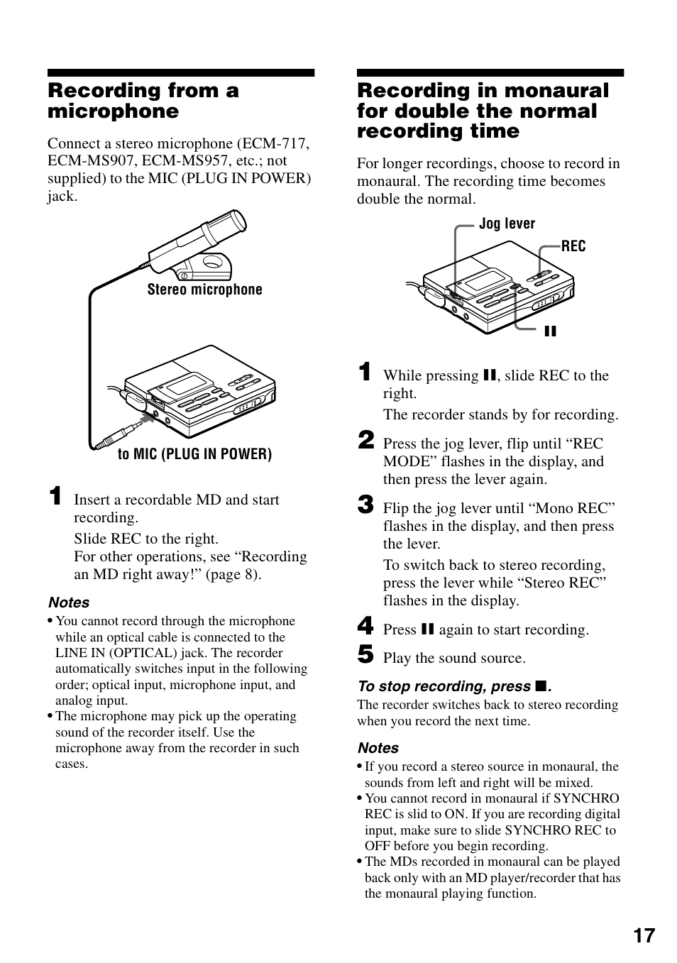 Recording from a microphone, 17 recording from a microphone | Sony MZ-R90 User Manual | Page 17 / 56