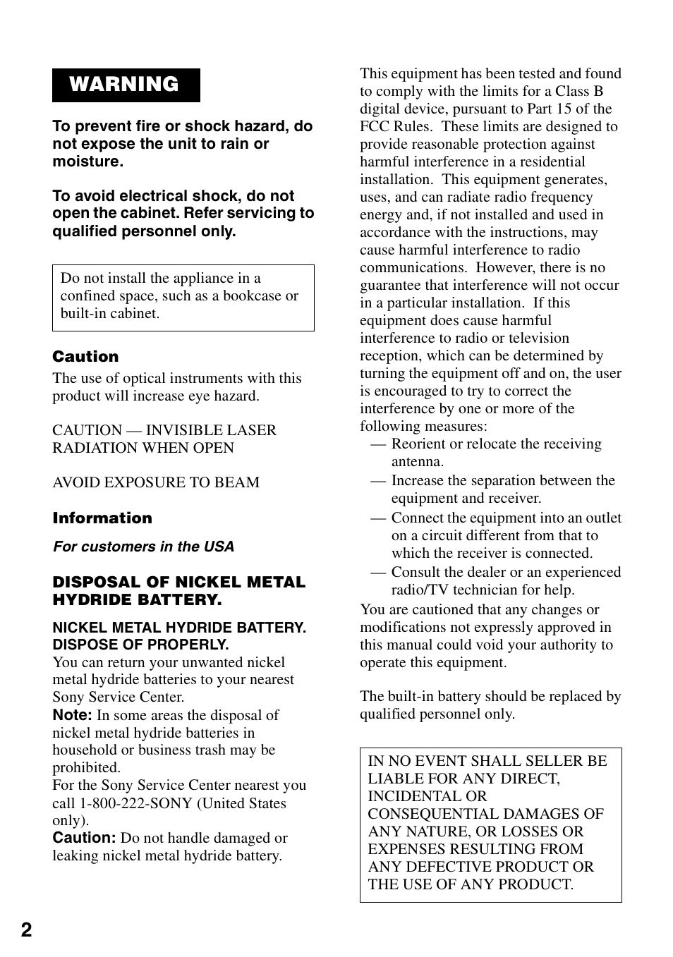 Warning | Sony MZ-R90 User Manual | Page 2 / 56