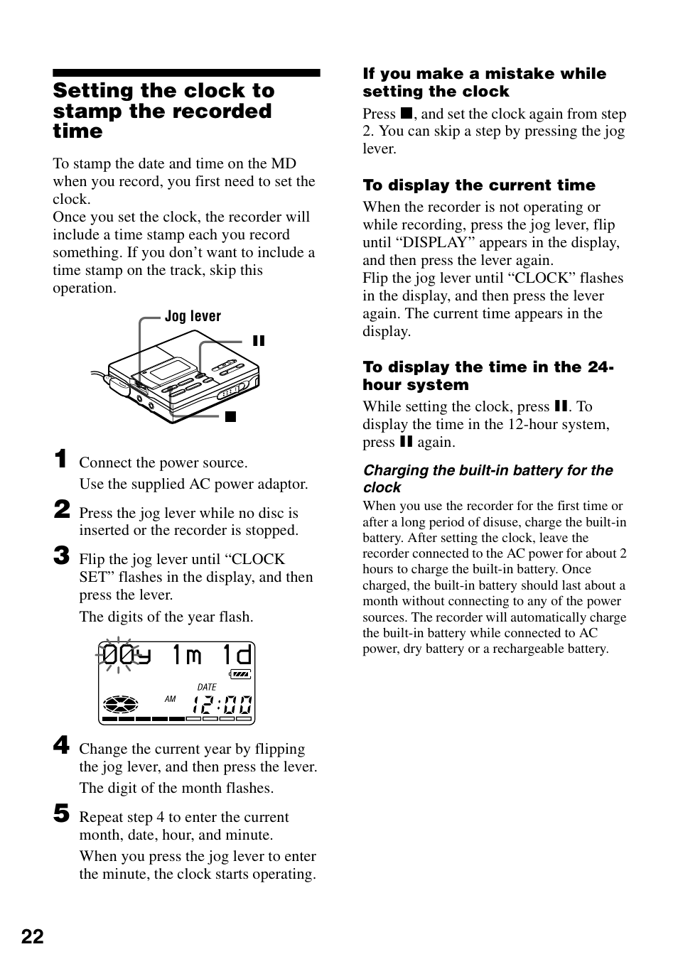 Setting the clock to stamp the recorded time, Y 1m 1d | Sony MZ-R90 User Manual | Page 22 / 56