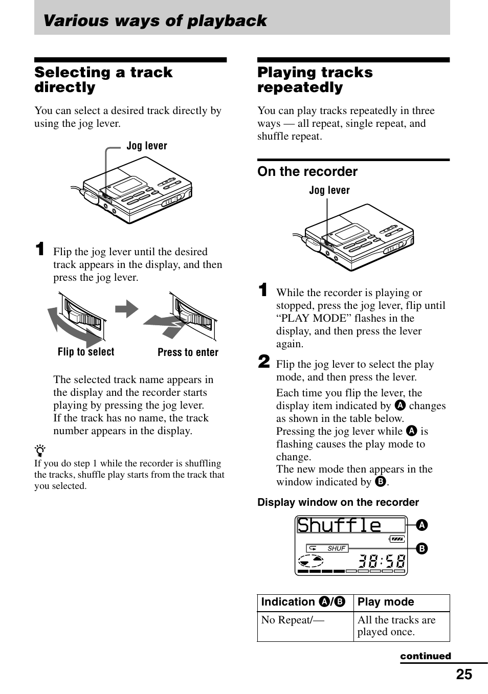 Various ways of playback, Selecting a track directly, Playing tracks repeatedly | On the recorder, Shuffle | Sony MZ-R90 User Manual | Page 25 / 56