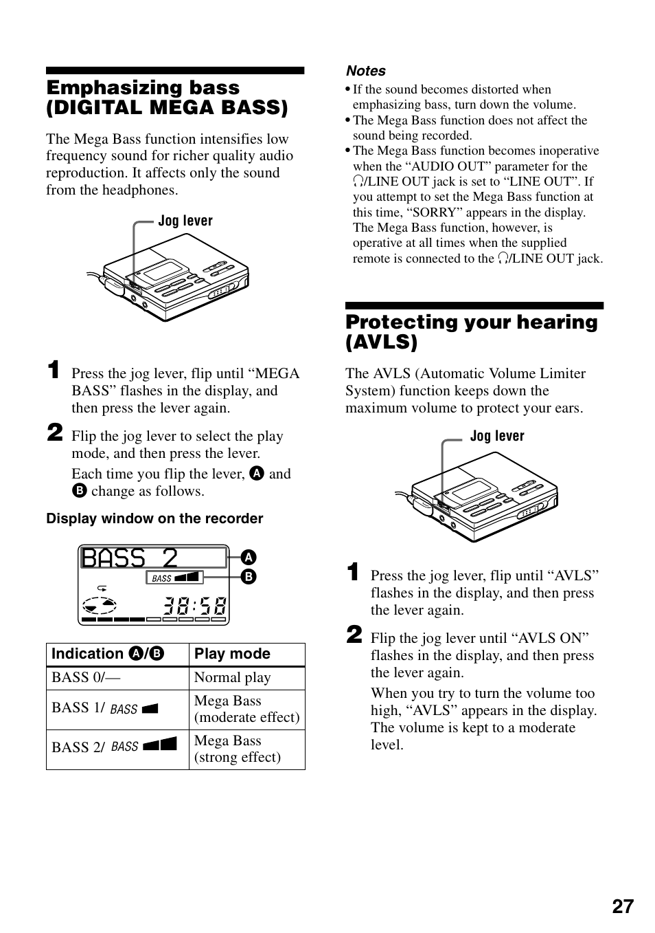 Emphasizing bass (digital mega bass), Protecting your hearing (avls), Bass 2 | 27 emphasizing bass (digital mega bass) | Sony MZ-R90 User Manual | Page 27 / 56