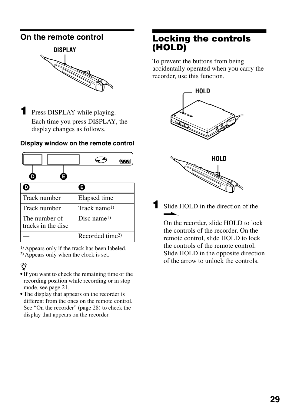 Locking the controls (hold), On the remote control | Sony MZ-R90 User Manual | Page 29 / 56