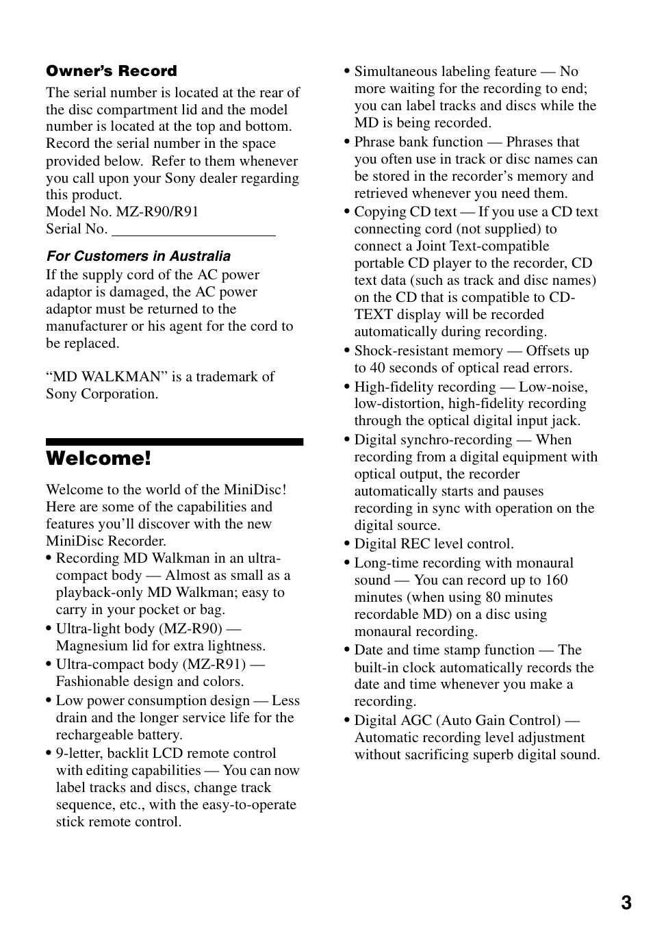 Welcome | Sony MZ-R90 User Manual | Page 3 / 56