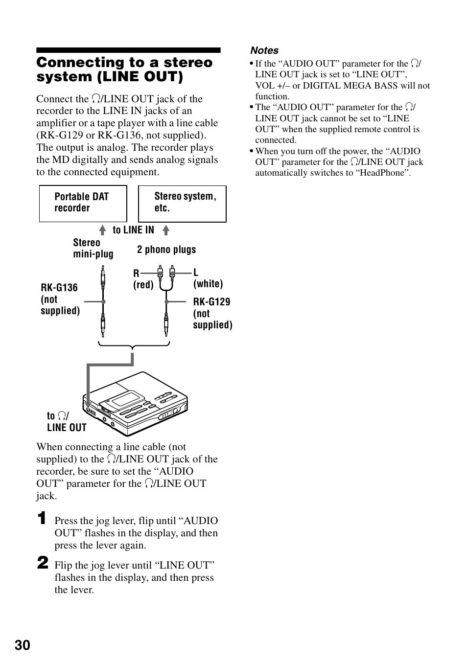 Connecting to a stereo system (line out), 30 connecting to a stereo system (line out) | Sony MZ-R90 User Manual | Page 30 / 56