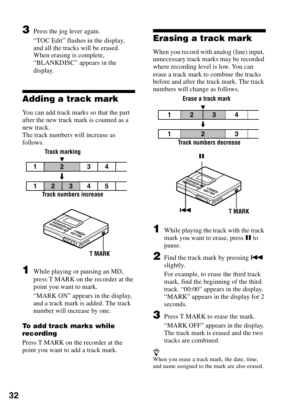 Adding a track mark, Erasing a track mark, Adding a track mark erasing a track mark | Sony MZ-R90 User Manual | Page 32 / 56
