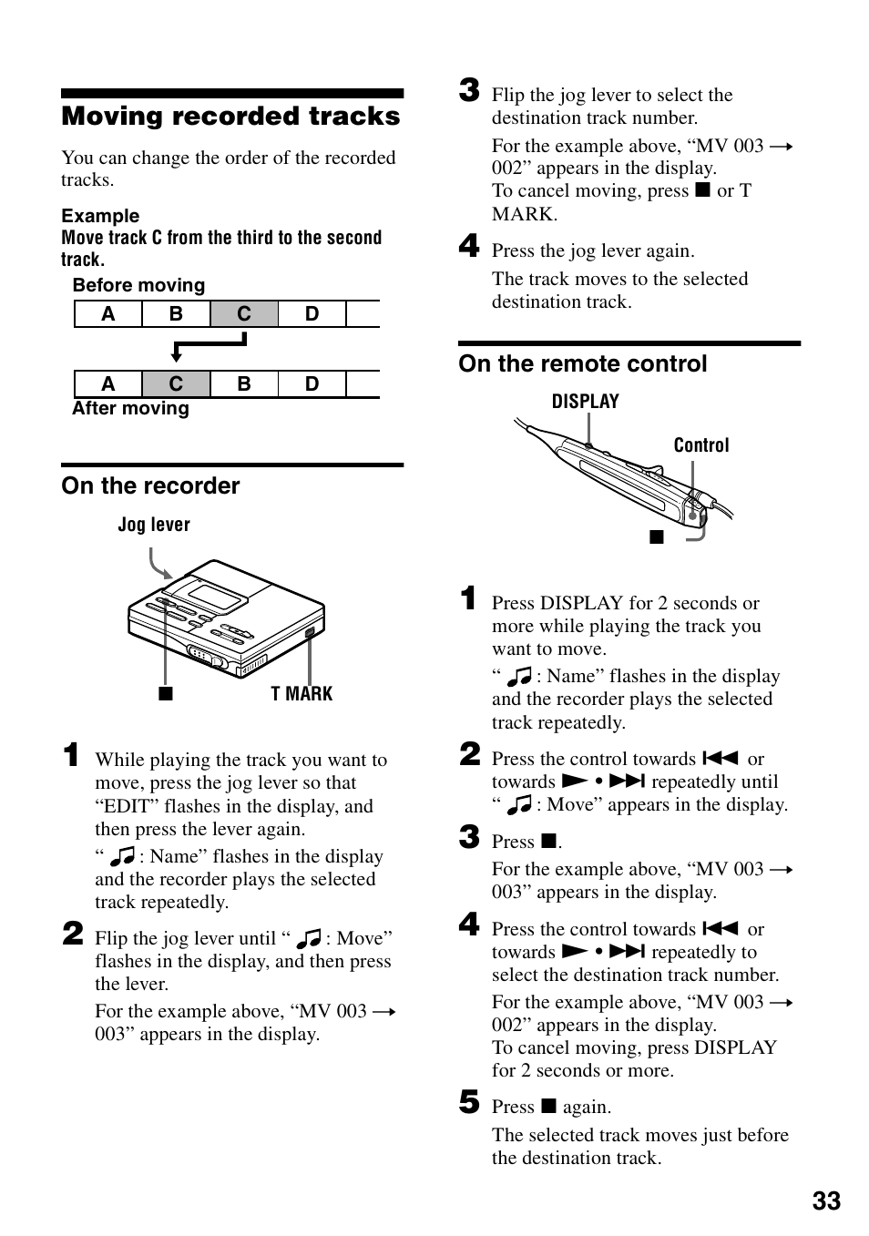 Moving recorded tracks, On the recorder on the remote control, 33 moving recorded tracks | Sony MZ-R90 User Manual | Page 33 / 56