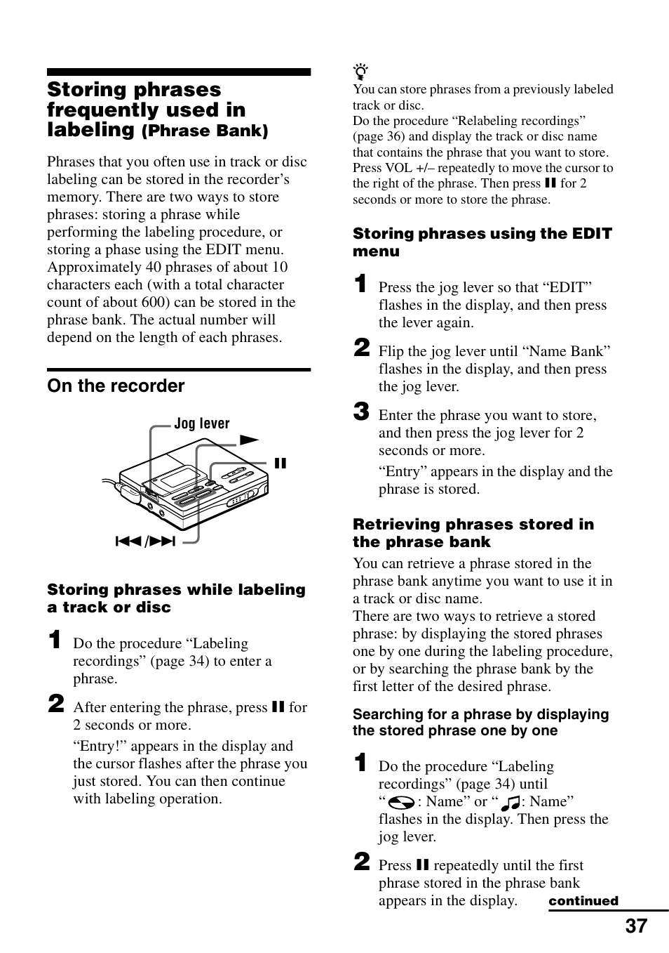 On the recorder | Sony MZ-R90 User Manual | Page 37 / 56