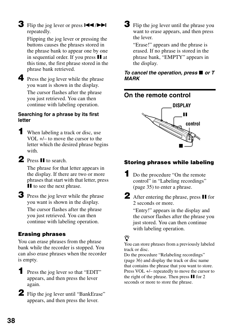 On the remote control | Sony MZ-R90 User Manual | Page 38 / 56