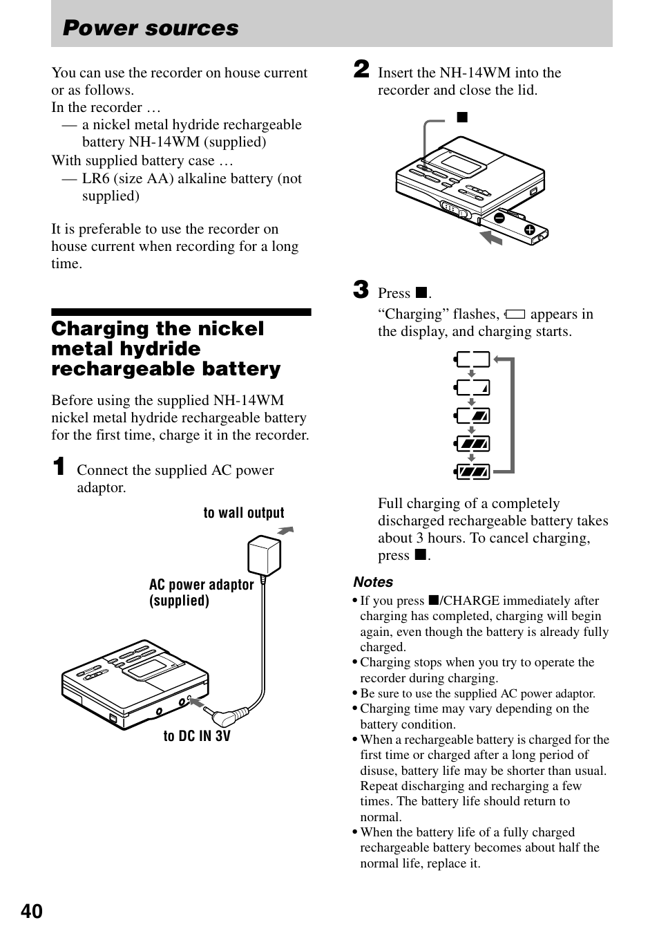 Power sources | Sony MZ-R90 User Manual | Page 40 / 56