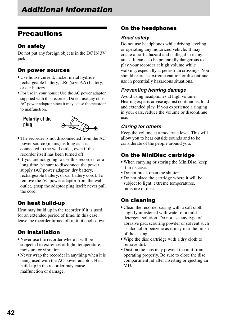 Additional information, Precautions | Sony MZ-R90 User Manual | Page 42 / 56