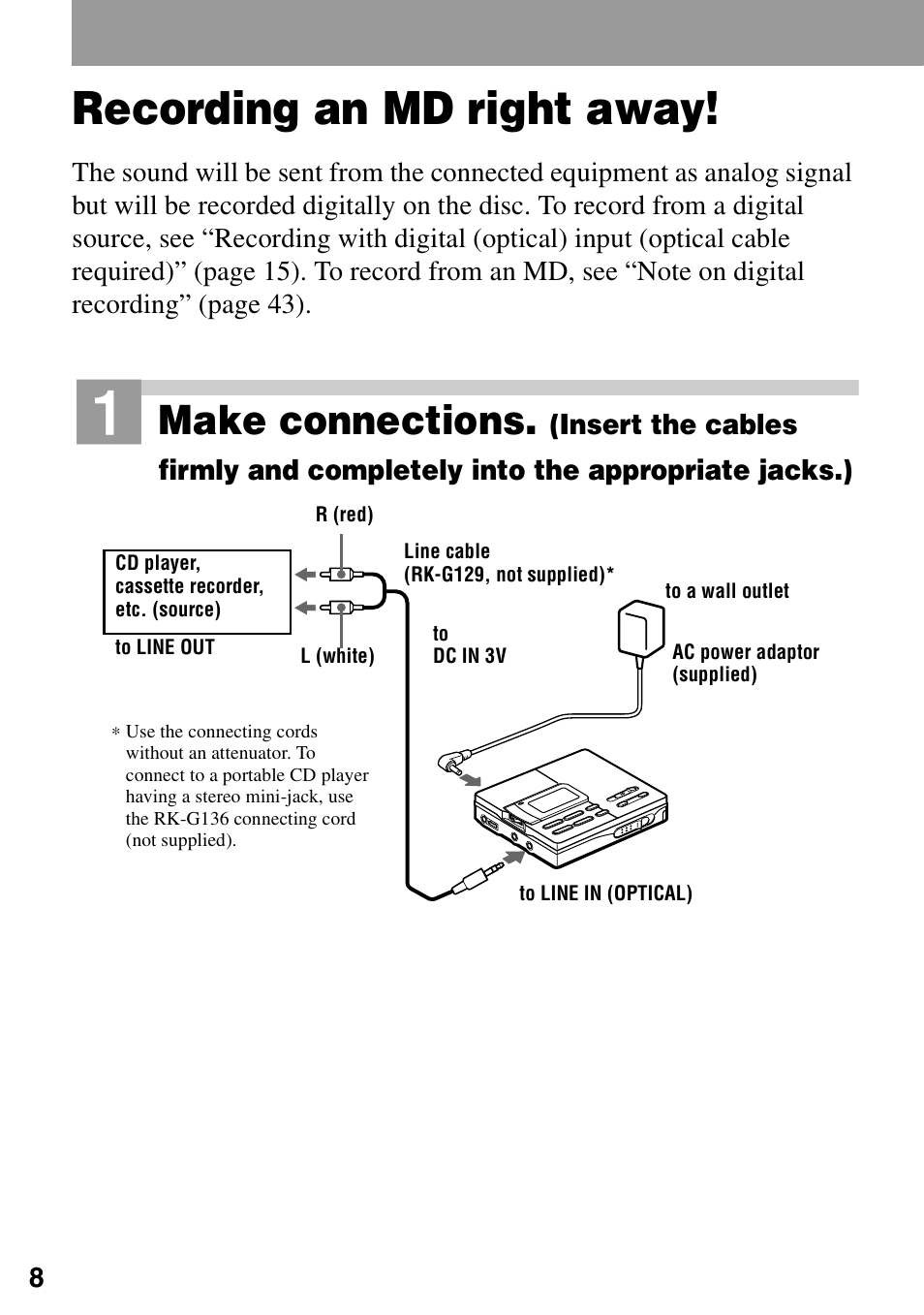Recording an md right away, Make connections | Sony MZ-R90 User Manual | Page 8 / 56