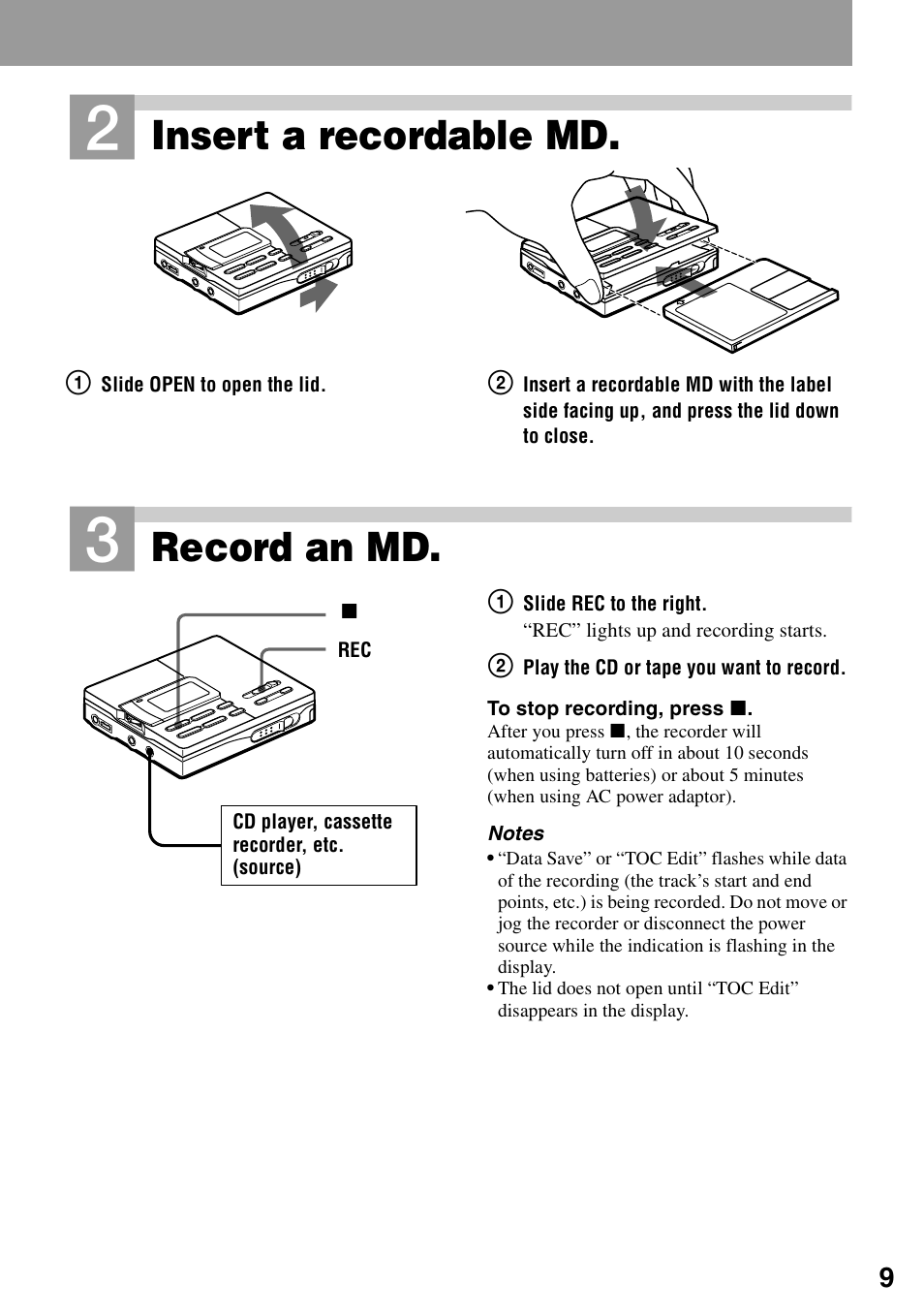 Insert a recordable md, Record an md | Sony MZ-R90 User Manual | Page 9 / 56