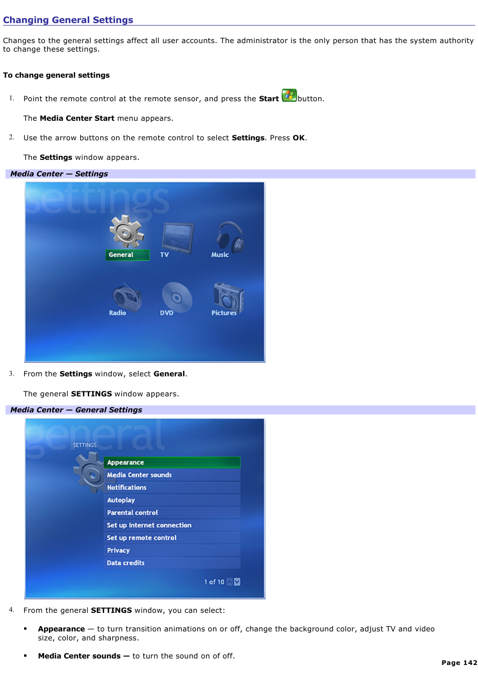 Changing general settings | Sony PCV-RZ50CG User Manual | Page 142 / 245