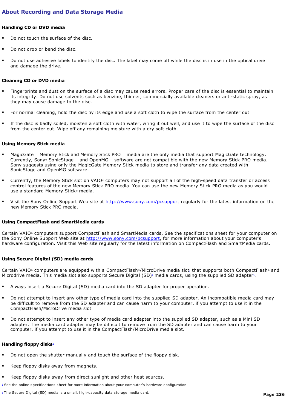 About recording and data storage media | Sony PCV-RZ50CG User Manual | Page 236 / 245