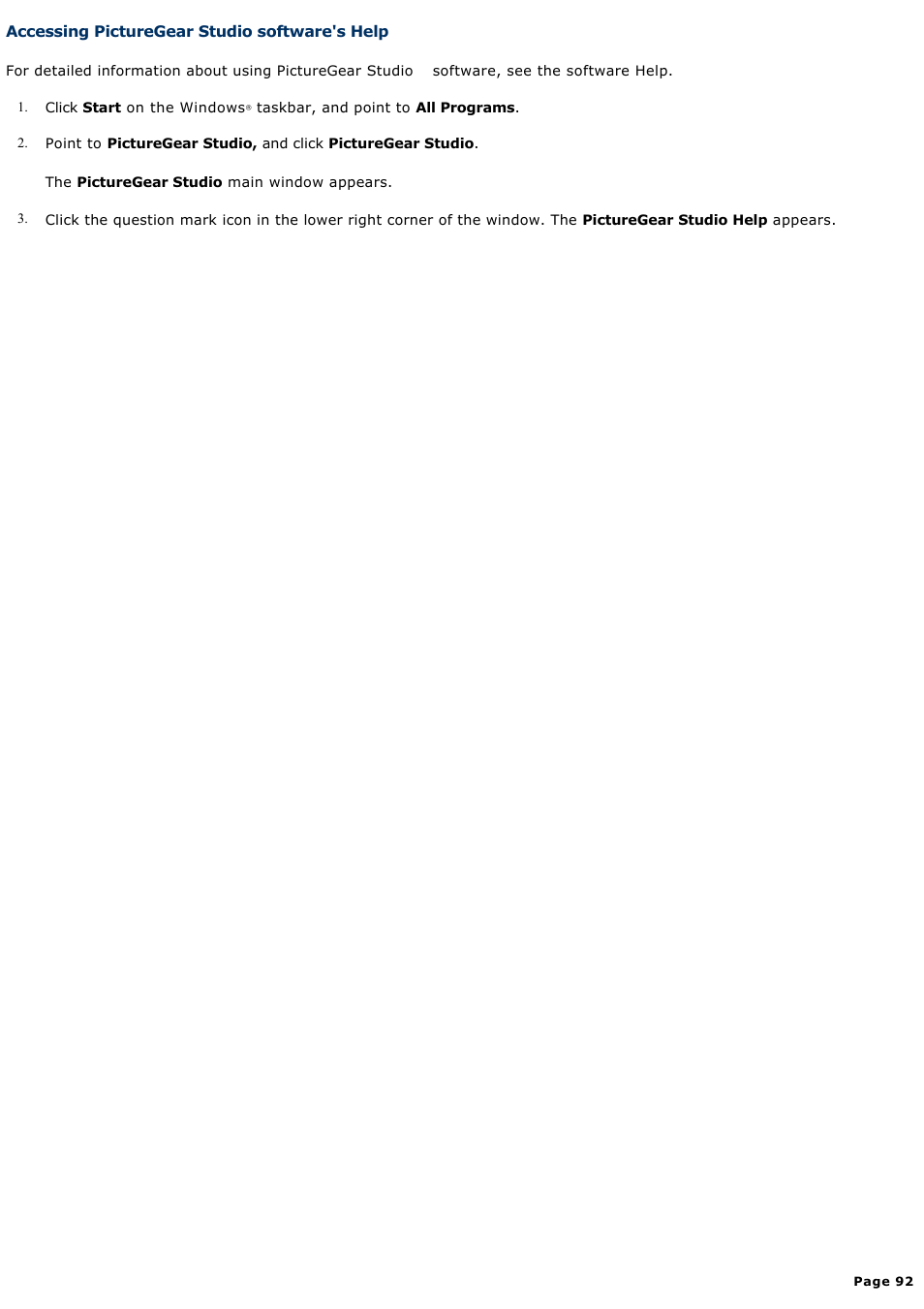 Accessing picturegear studio software's help | Sony PCV-RZ50CG User Manual | Page 92 / 245