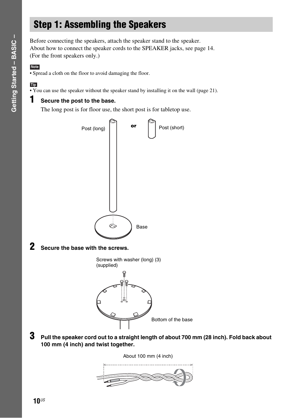 Step 1: assembling the speakers, Step 1: assembling, The speakers | Sony DAV-FX500 User Manual | Page 10 / 104