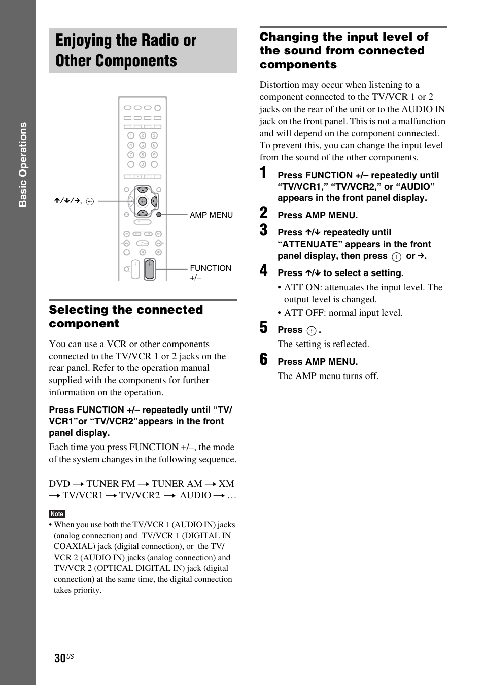 Enjoying the radio or other components, Selecting the connected component, Enjoying the radio or other | Components | Sony DAV-FX500 User Manual | Page 30 / 104