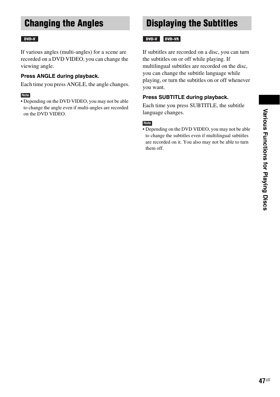 Changing the angles, Displaying the subtitles, Changing the angles displaying the subtitles | Sony DAV-FX500 User Manual | Page 47 / 104