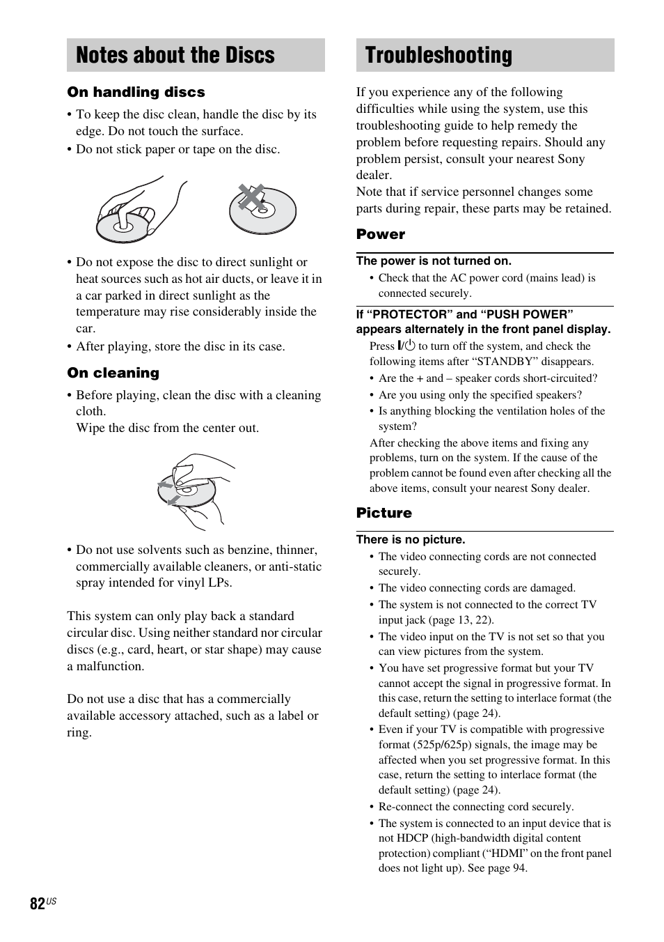 Notes about the discs, Troubleshooting, Notes about the discs troubleshooting | Sony DAV-FX500 User Manual | Page 82 / 104