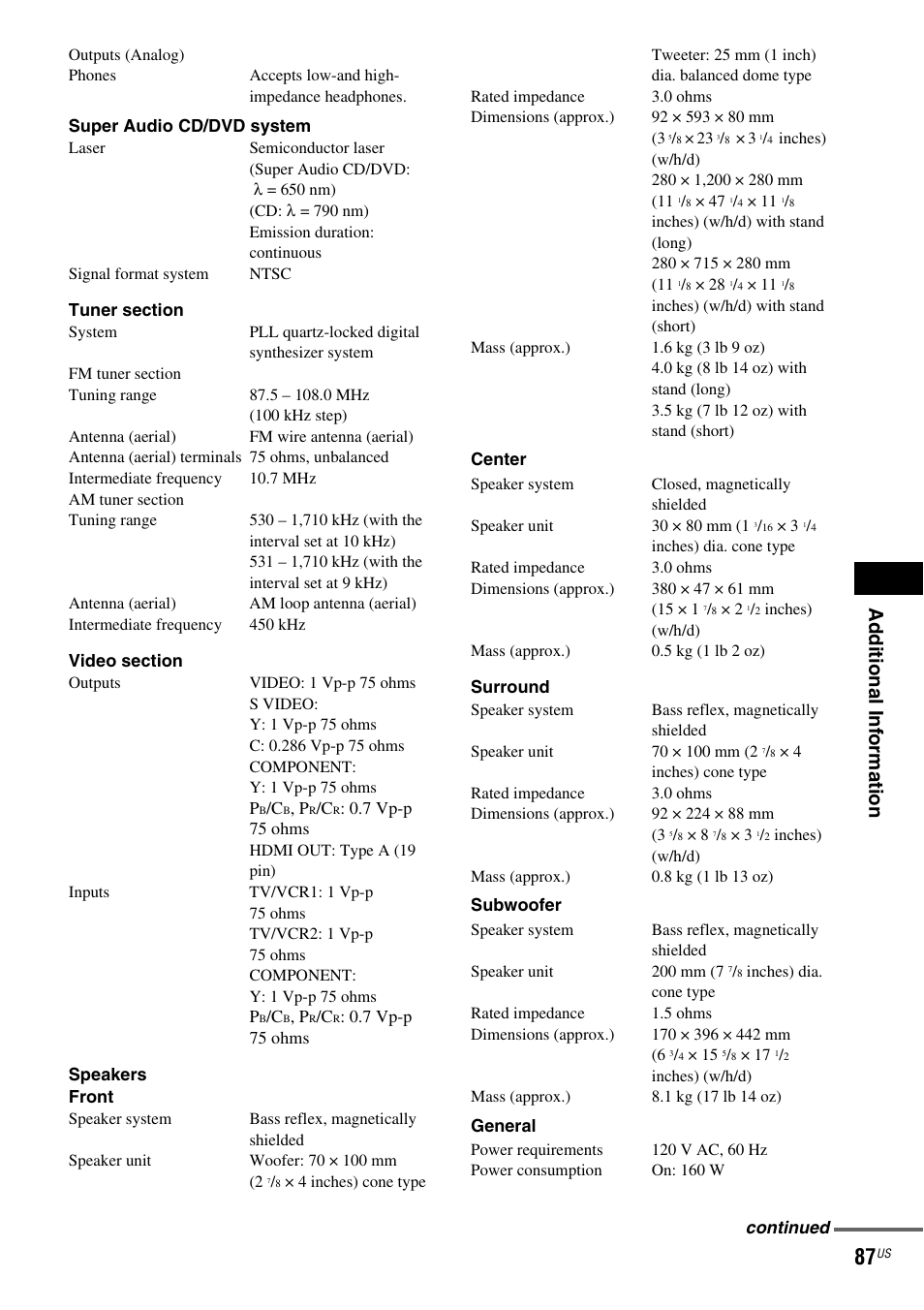 Ad dit ion al i n fo rmatio n | Sony DAV-FX500 User Manual | Page 87 / 104