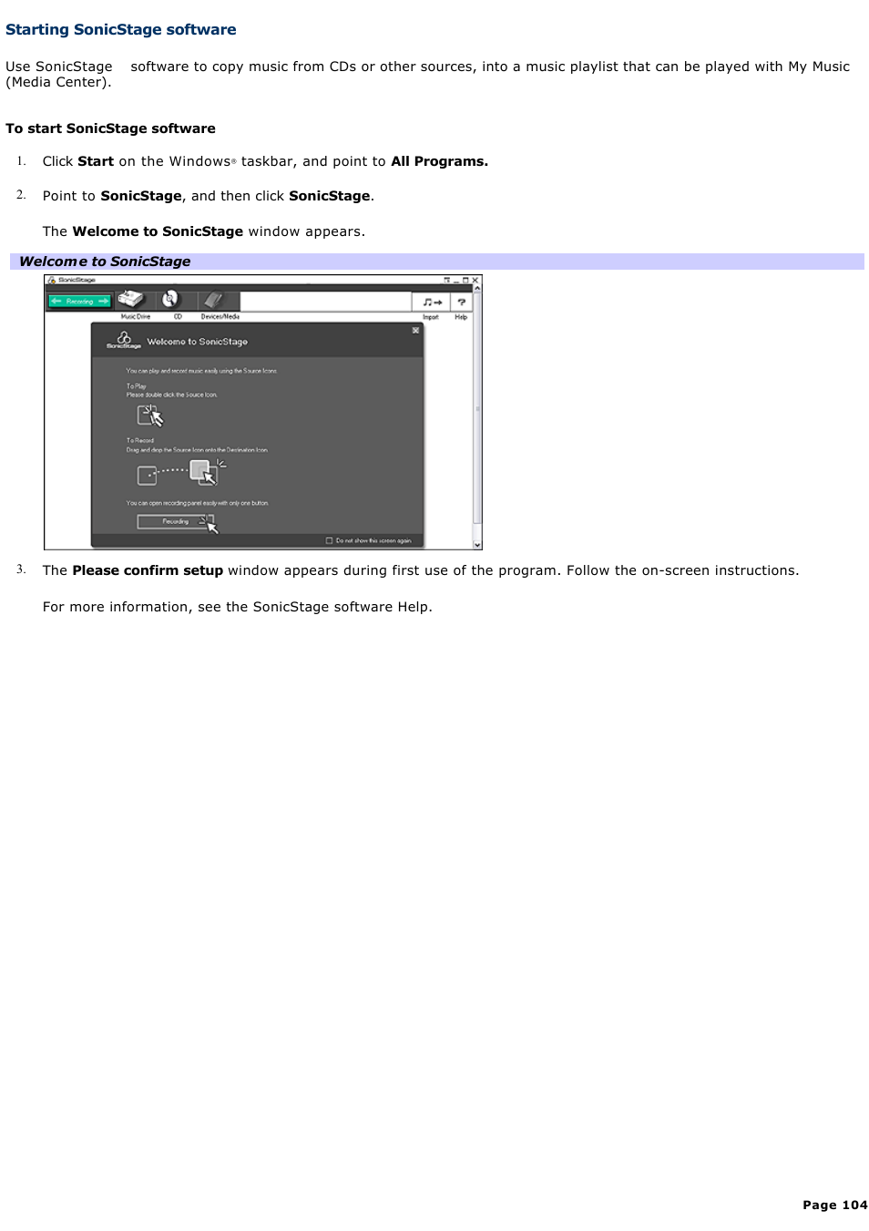 Starting sonicstage software | Sony PCV-RZ46G User Manual | Page 104 / 229