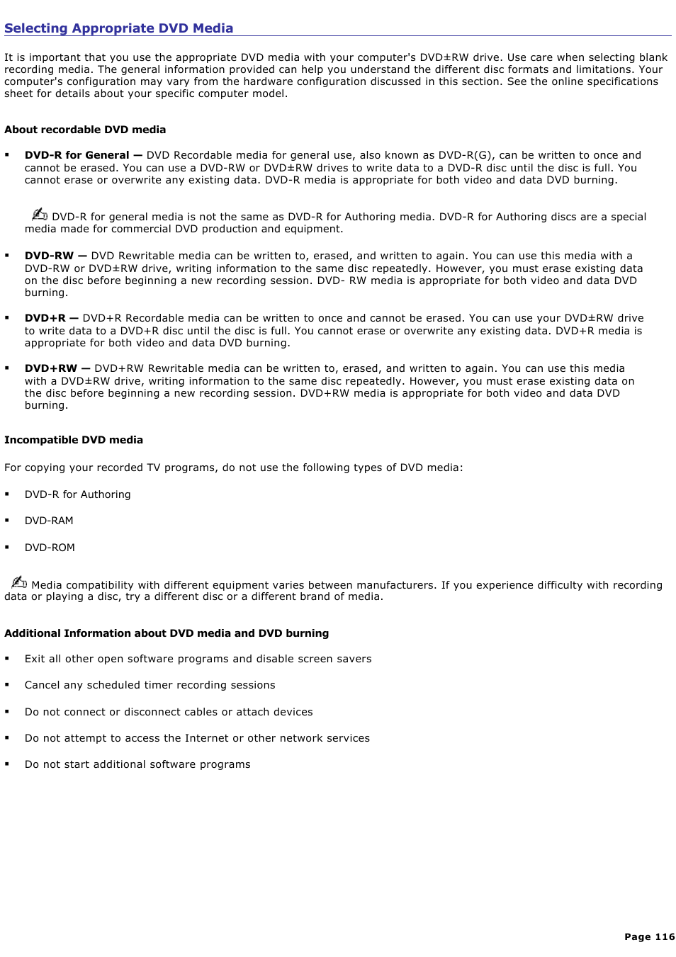 Selecting appropriate dvd media | Sony PCV-RZ46G User Manual | Page 116 / 229