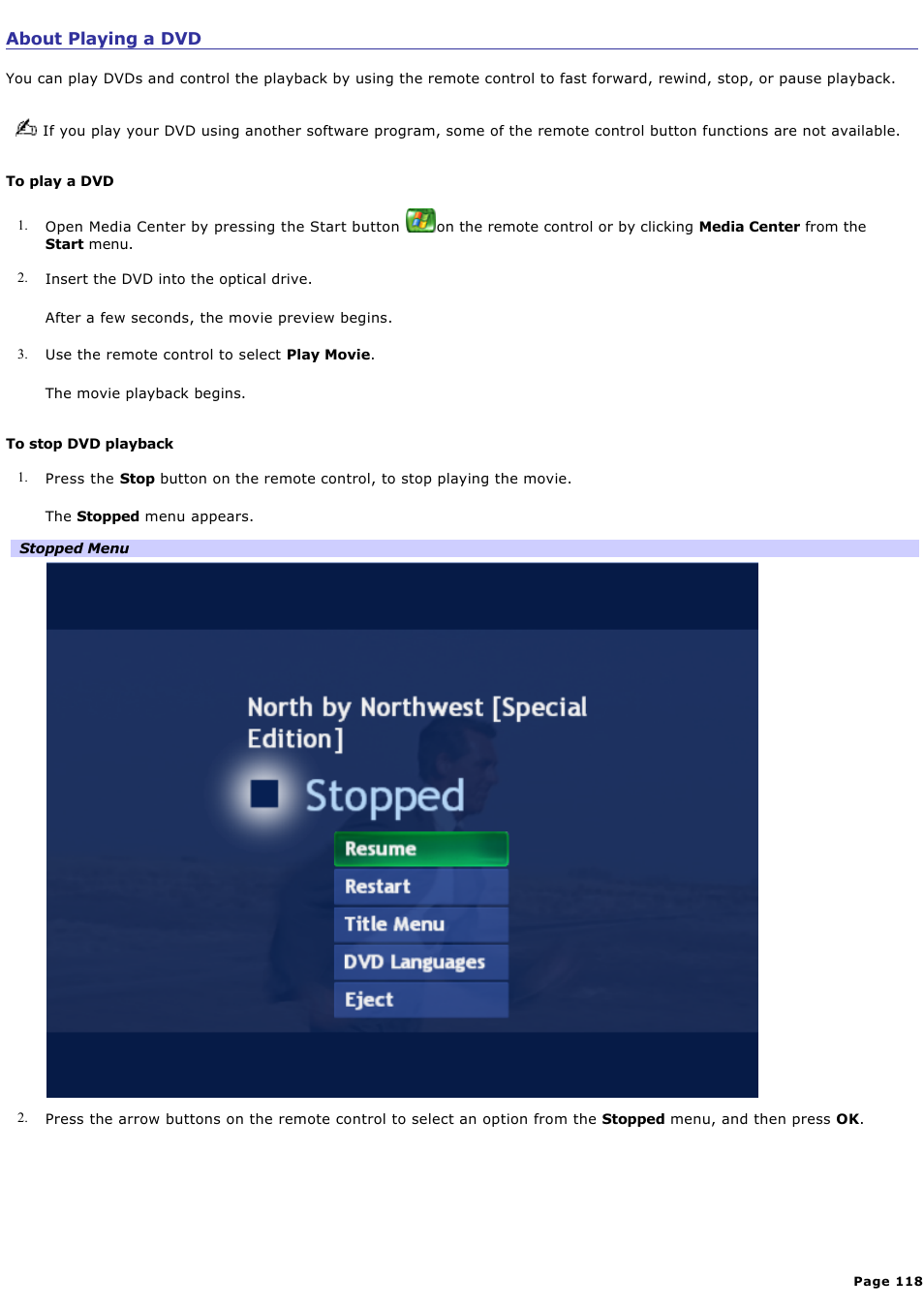 About playing a dvd | Sony PCV-RZ46G User Manual | Page 118 / 229