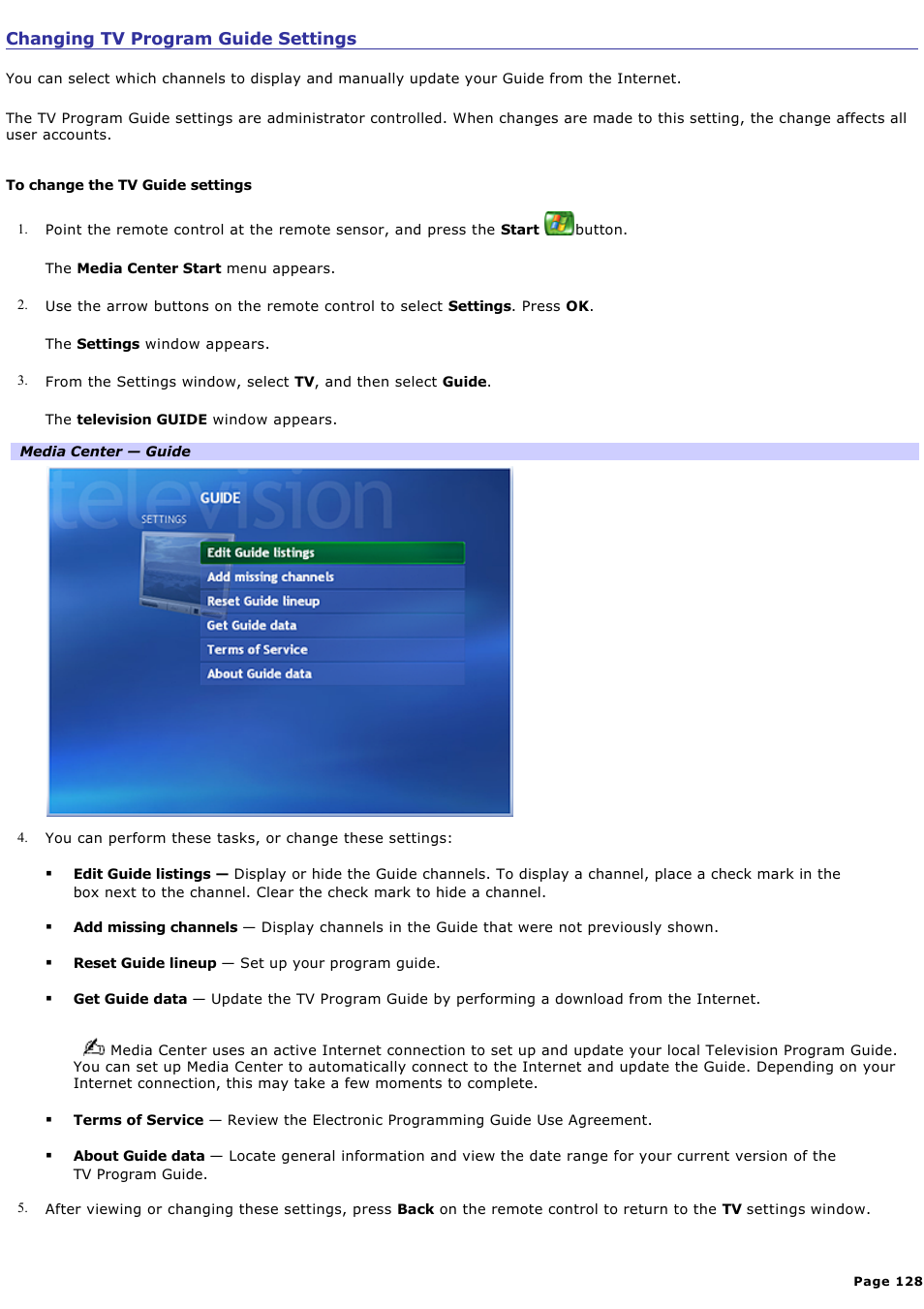 Changing tv program guide settings | Sony PCV-RZ46G User Manual | Page 128 / 229