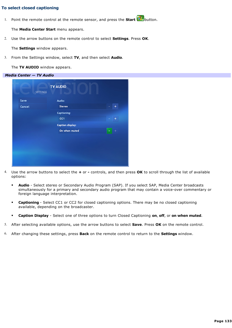 To select closed captioning | Sony PCV-RZ46G User Manual | Page 133 / 229