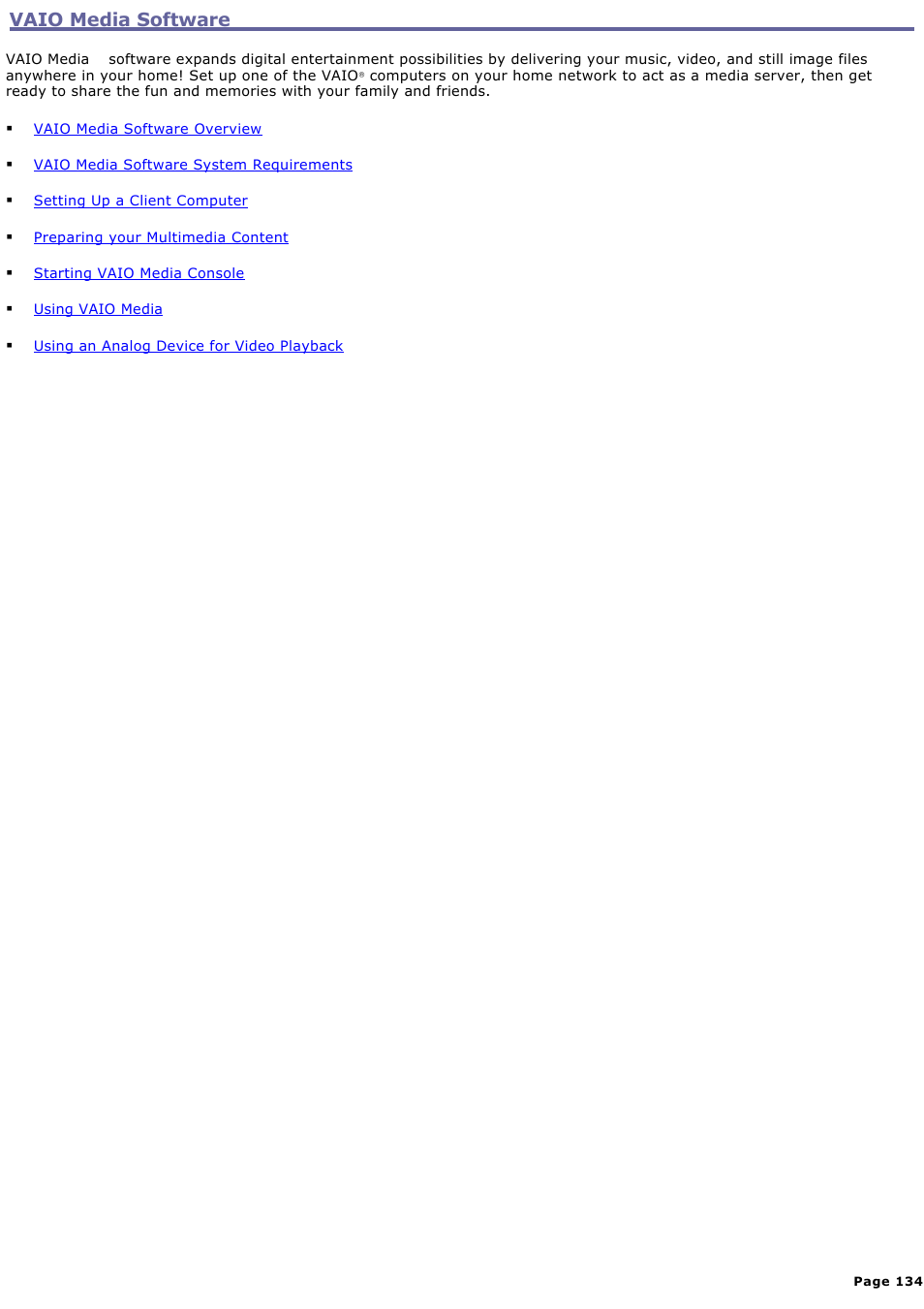 Vaio media software | Sony PCV-RZ46G User Manual | Page 134 / 229