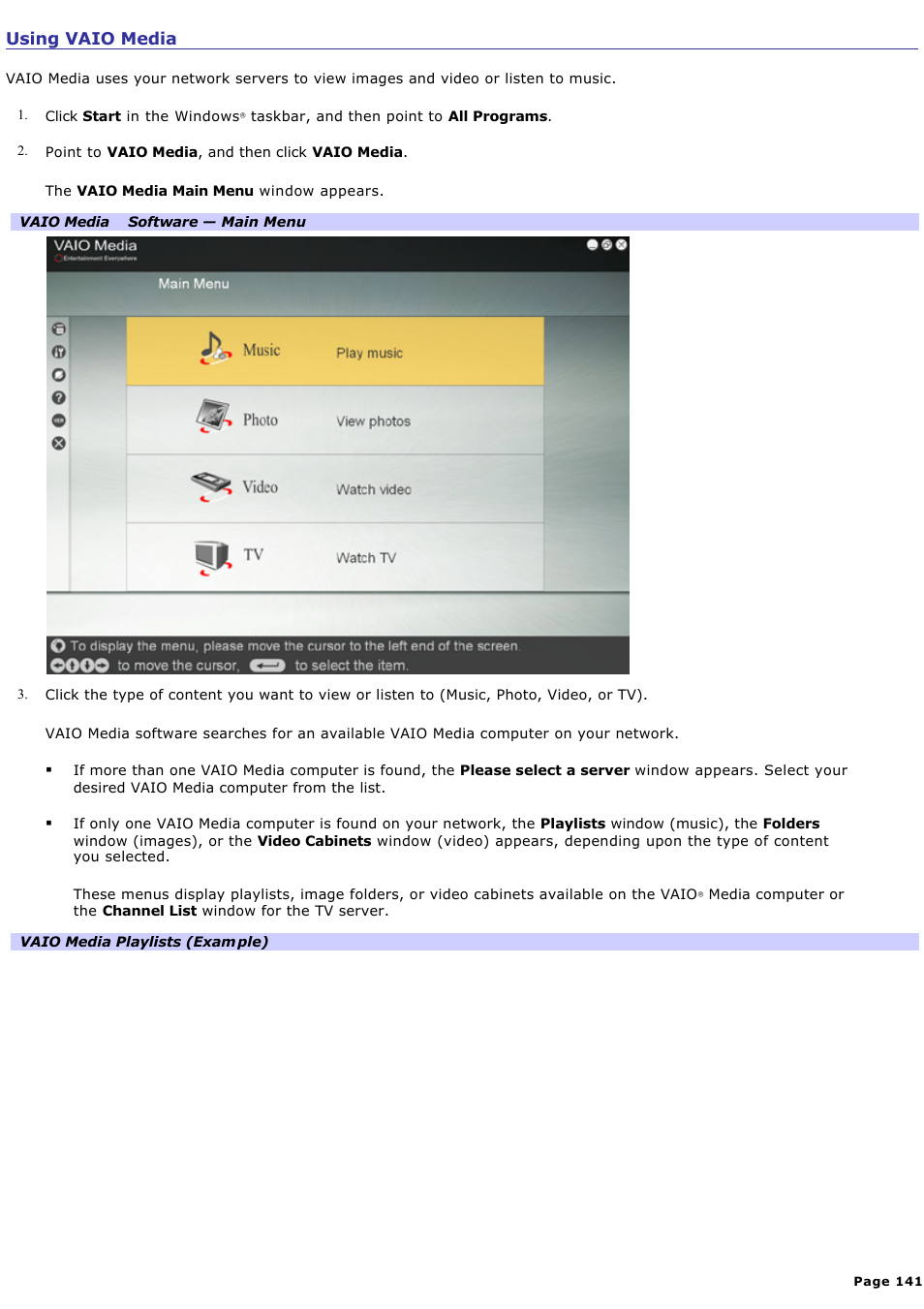 Using vaio media | Sony PCV-RZ46G User Manual | Page 141 / 229