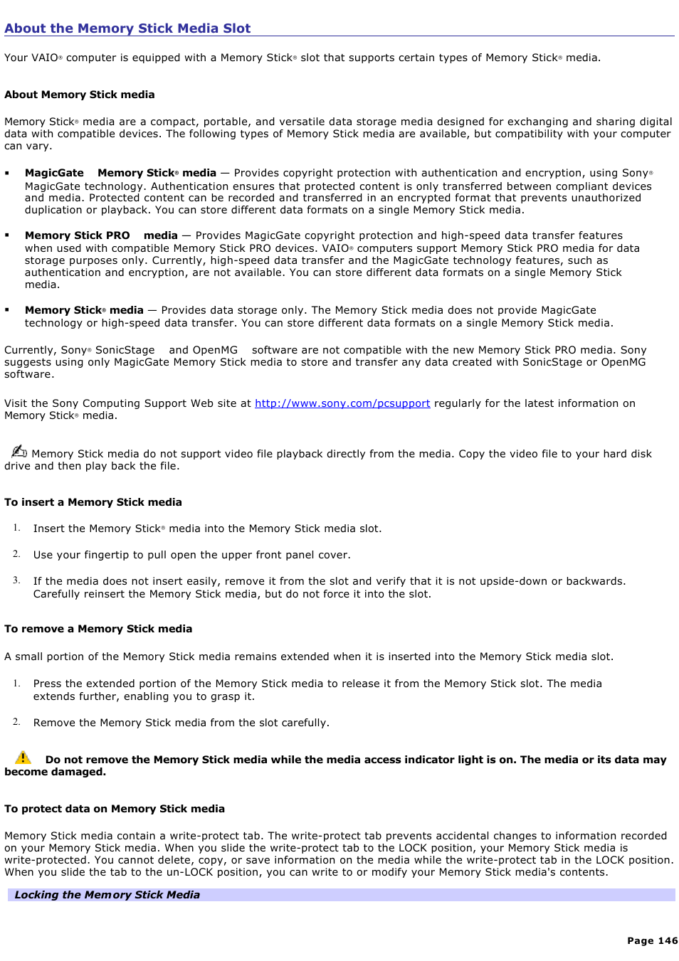 About the memory stick media slot | Sony PCV-RZ46G User Manual | Page 146 / 229