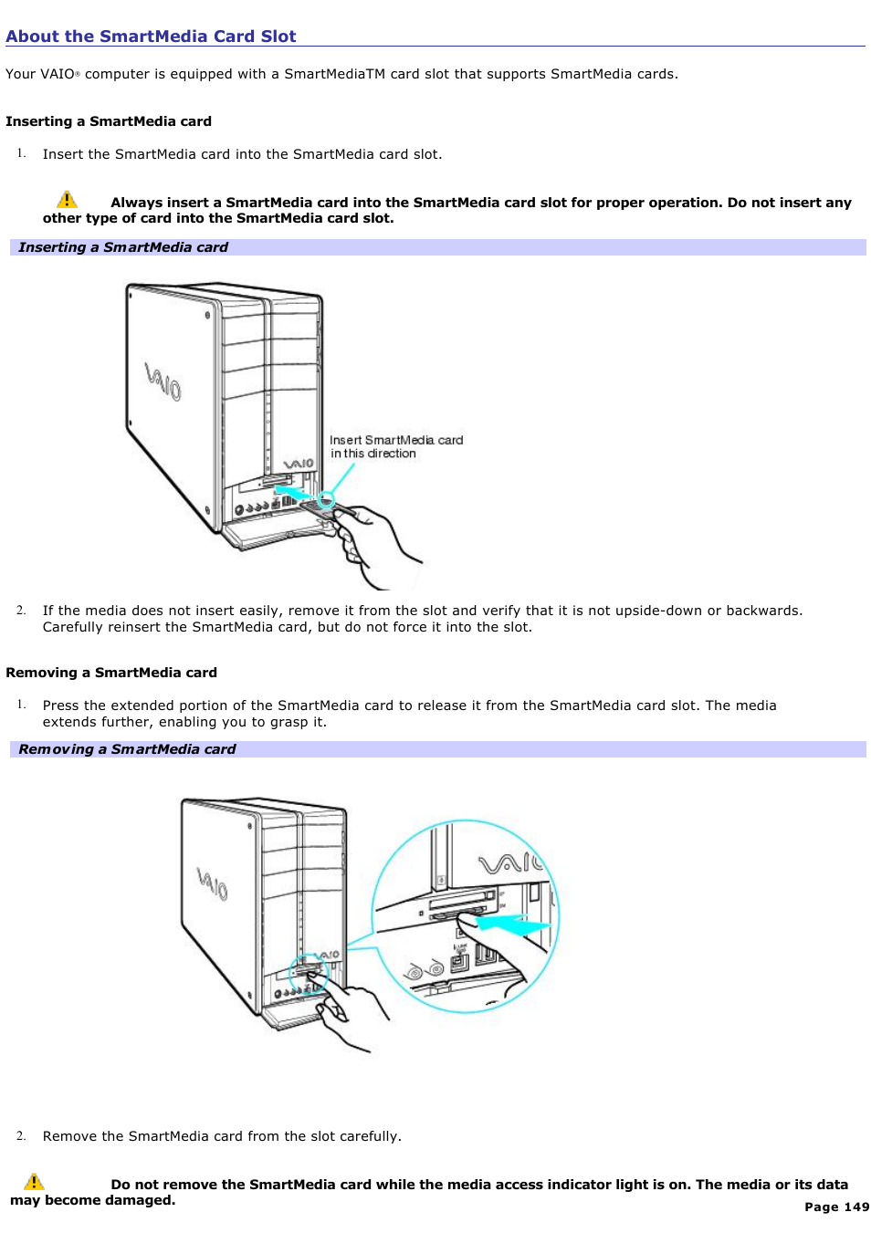 About the smartmedia card slot | Sony PCV-RZ46G User Manual | Page 149 / 229