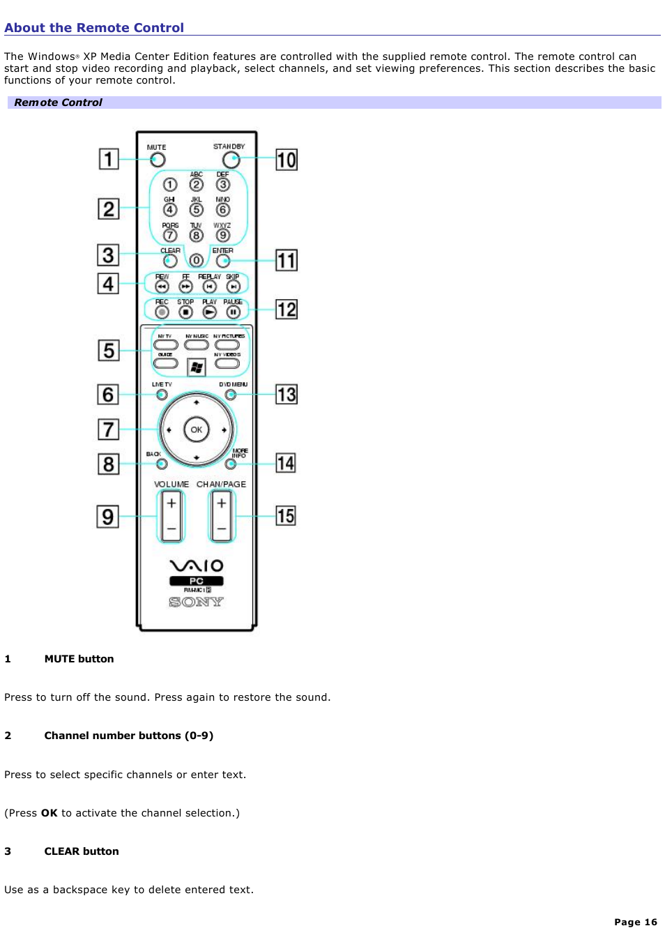 About the remote control | Sony PCV-RZ46G User Manual | Page 16 / 229