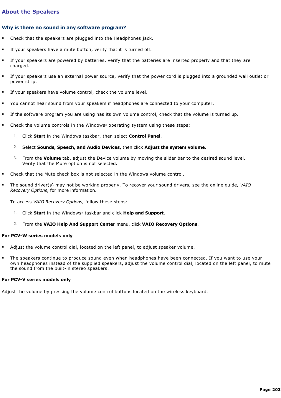 Why is there no sound in any software program | Sony PCV-RZ46G User Manual | Page 203 / 229