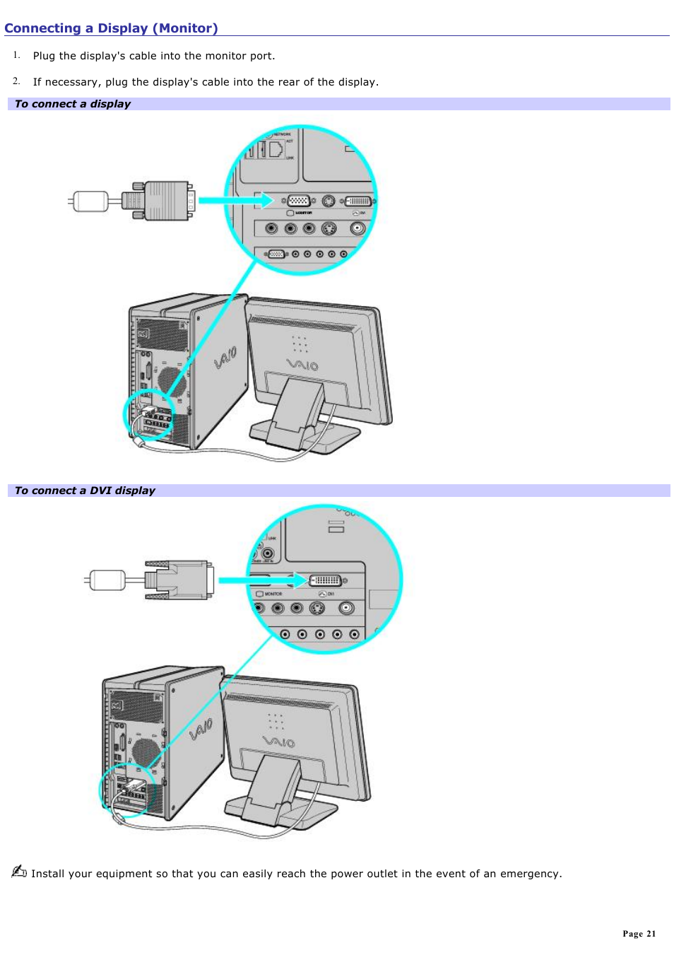 Connecting a display (monitor) | Sony PCV-RZ46G User Manual | Page 21 / 229