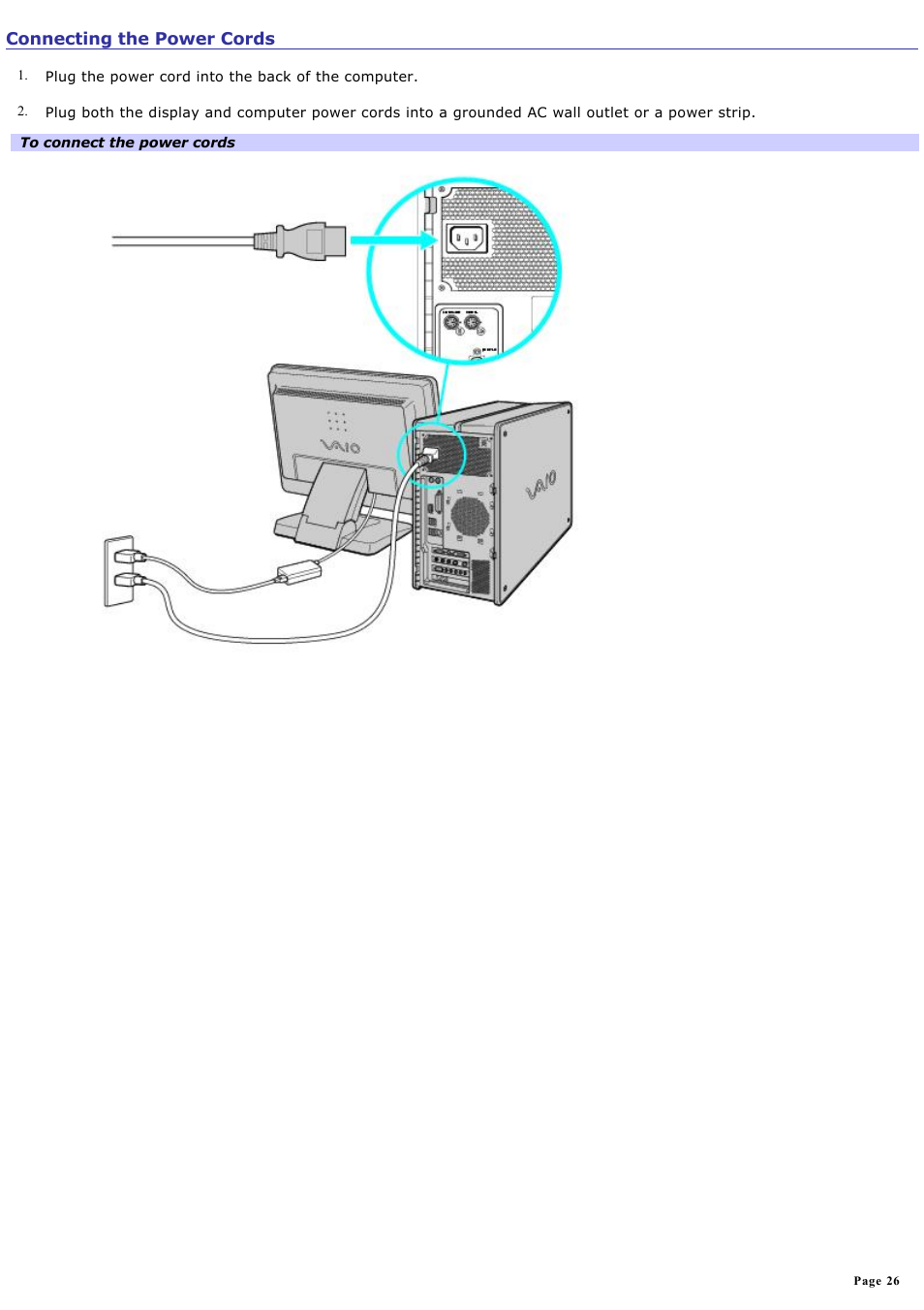 Connecting the power cords | Sony PCV-RZ46G User Manual | Page 26 / 229