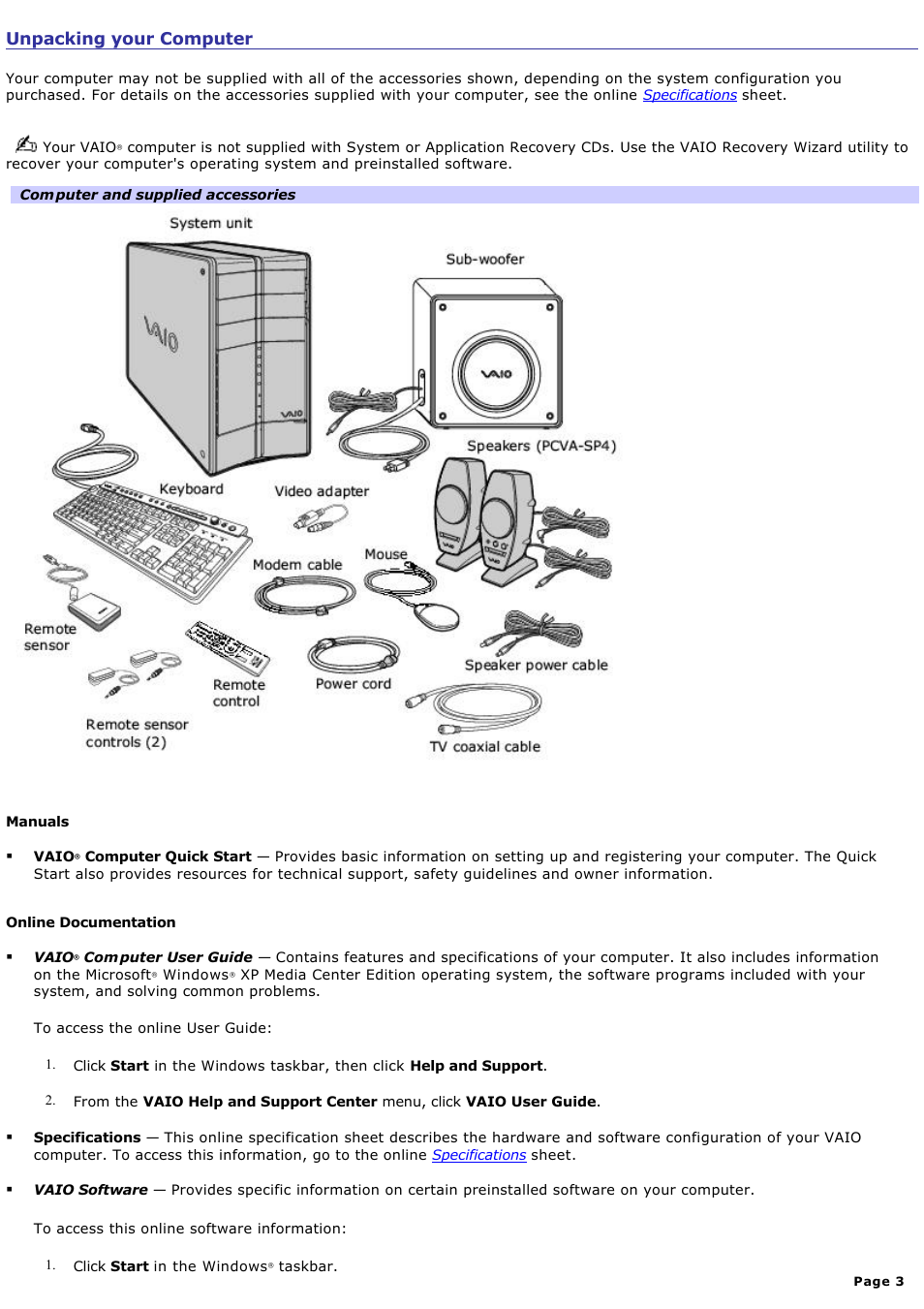 Unpacking your computer | Sony PCV-RZ46G User Manual | Page 3 / 229