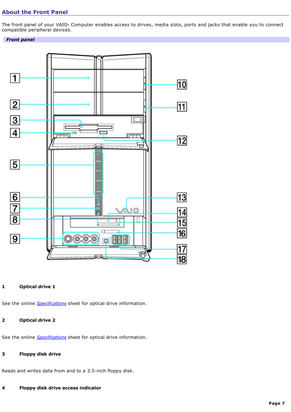 About the front panel | Sony PCV-RZ46G User Manual | Page 7 / 229