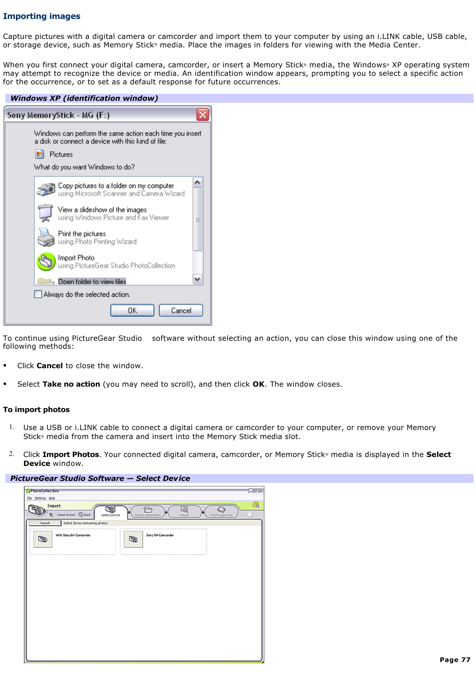 Importing images | Sony PCV-RZ46G User Manual | Page 77 / 229