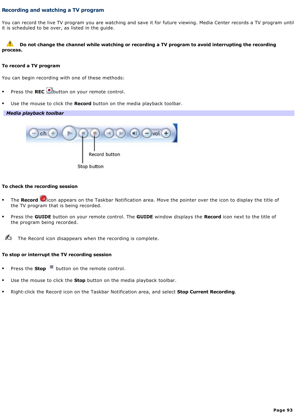 Recording and watching a tv program | Sony PCV-RZ46G User Manual | Page 93 / 229