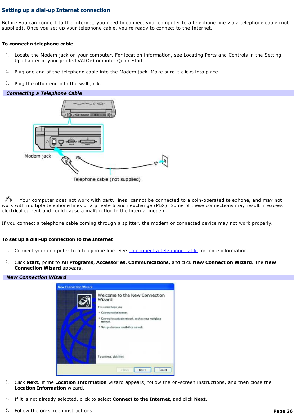 Setting up a dial-up internet connection | Sony PCG-FRV31 User Manual | Page 26 / 141