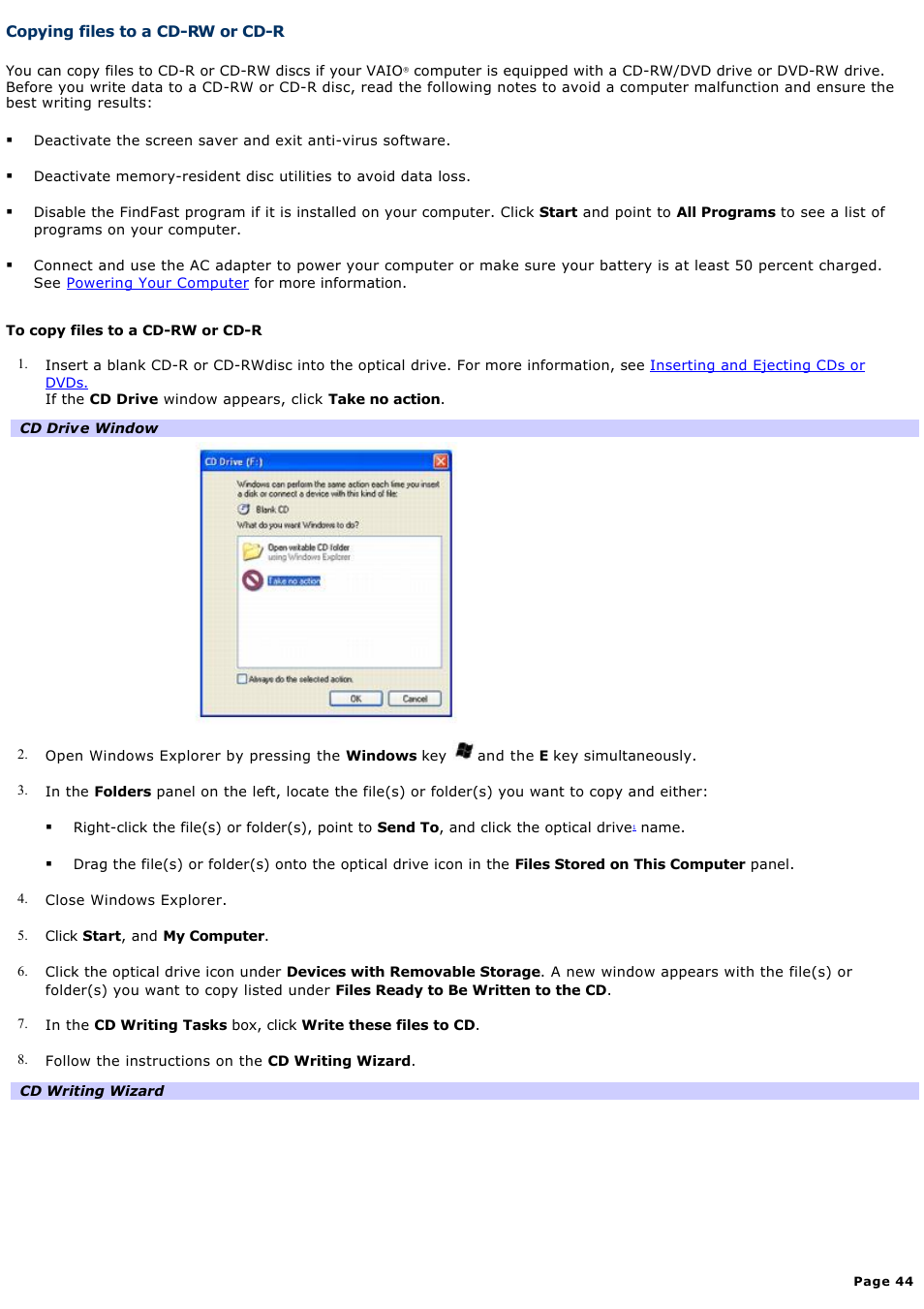 Copying files to a cd-rw or cd-r | Sony PCG-FRV31 User Manual | Page 44 / 141